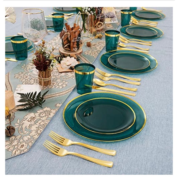 NEW 180pcs Clear Green Plastic Plates,Disposable Gold Plastic Silverware & Cups - Picture 5 of 6